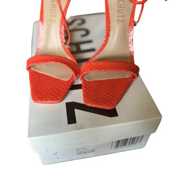 Schutz ‘Mavis’ Orange Snake Print Leather Mule Heel • US 5½ B - Picture 4 of 9